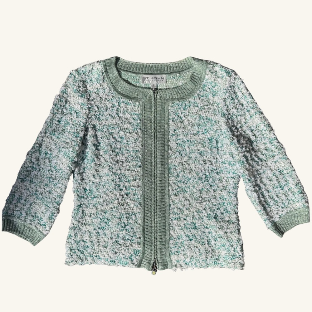 St. John Collection Mint Green and White Bouclé Zip Front Jacket